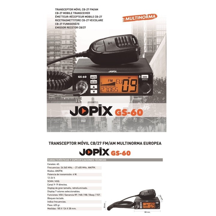 TRANSCEPTOR - EMISORA DE CB 27 Mhz JOPIX GS-60 MULTINORMA CON AM Y FM