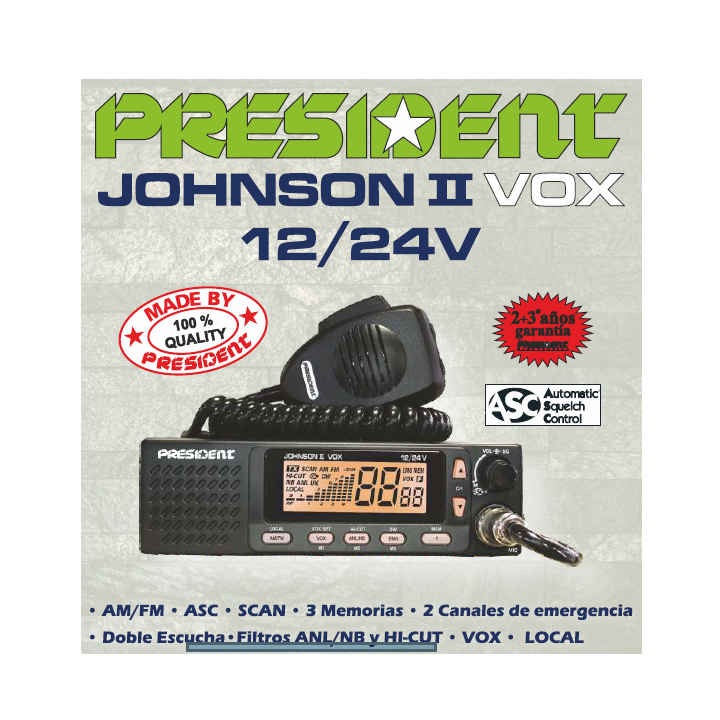 EMISORA PRESIDENT JOHNSON II ASC 27 MHZ CB (24/12V) BANDA CIUDADANA - MULTI-NORMAS EUROPEAS JOHNSON II VOX