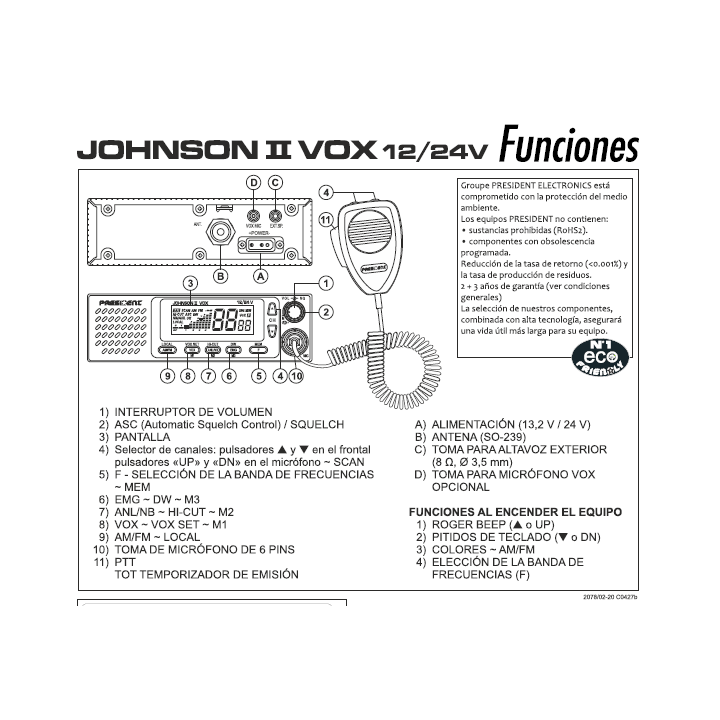 EMISORA PRESIDENT JOHNSON II ASC 27 MHZ CB (24/12V) BANDA CIUDADANA - MULTI-NORMAS EUROPEAS JOHNSON II VOX