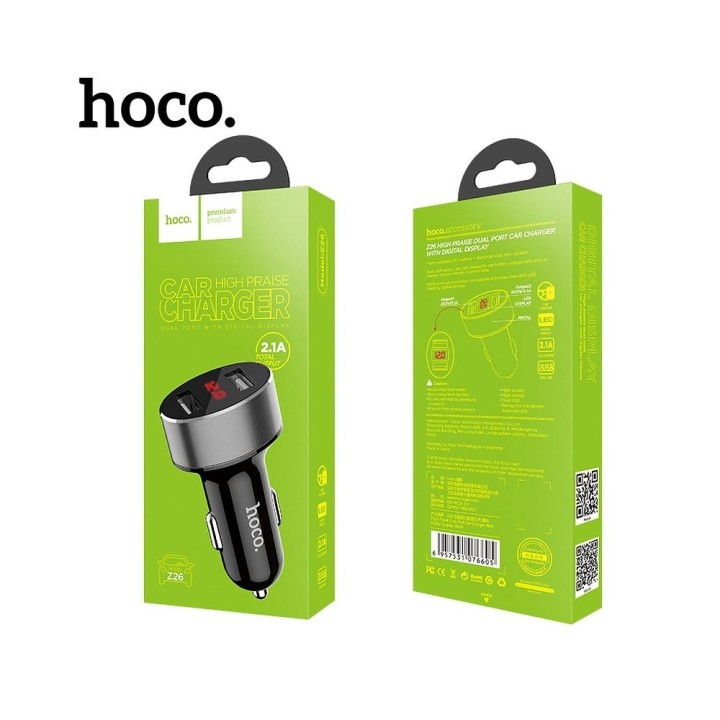 HOCO Cargador de coche (cabeza) 2 x USB con LCD 2,1A (Z26) NEGRO