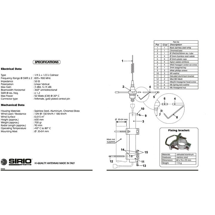 SIRIO GP-868-C Antena base omnidireccional UHF de 835 a 900 Mhz con centro de banda en 868 Mhz.