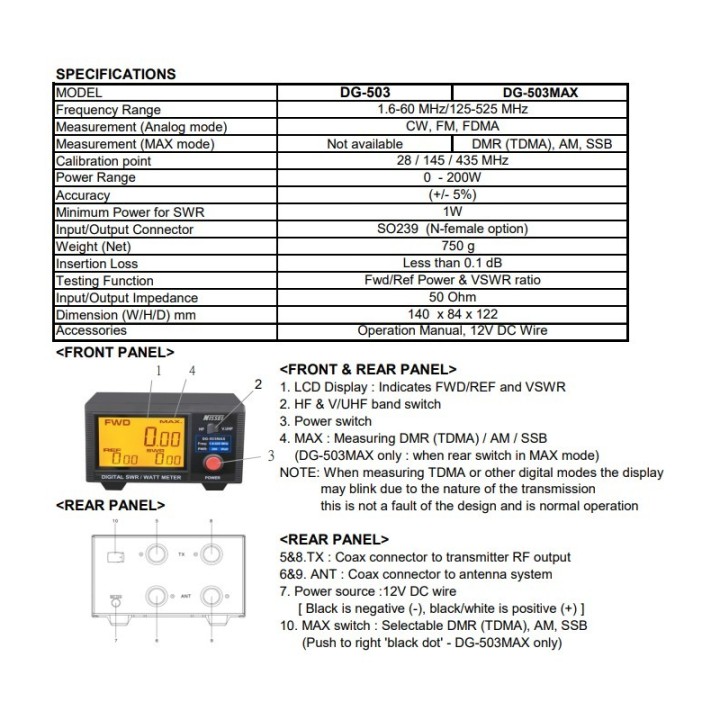 NISSEI DG-503 MAX MEDIDOR DIGITAL ROE/WATT PARA DMR (TDMA), SSB, AM, FM, CW, FDMA - DOBLE SENSOR: 1.6-60 y 125-525 MHz - 200W