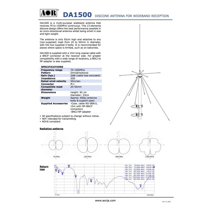 AOR DA1500 ANTENA DISCONO 70-1500MHZ (RECEPCIÓN)