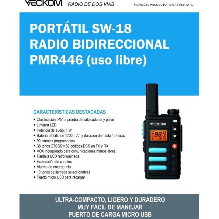 Pack 2 X Walkie VECKOM SW-18 de uso libre PMR446