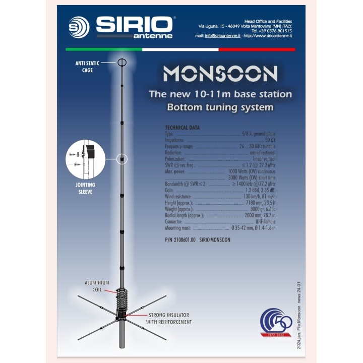 SIRIO MONSOON antena base para 10 y 11 metros