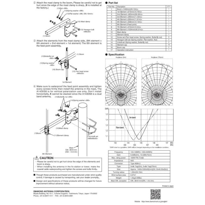 DIAMOND A1430S8 ANTENA DIRECCIONAL DE DOBLE BANDA