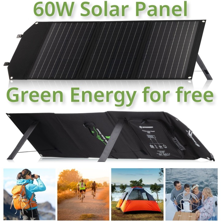 Cargador solar móvil BRESSER de 60 W con salida USB y DC