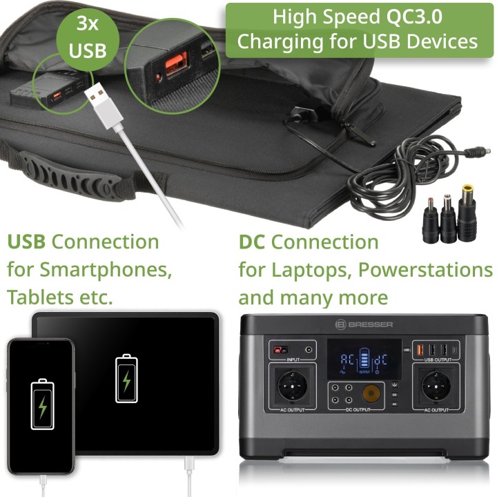 Cargador solar móvil BRESSER de 90 vatios con salida USB y DC