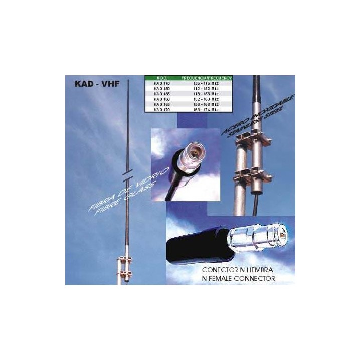 KAD-165 - ANTENA BASE VHF, VERTICAL, DE FIBRA DE VIDRIO PARA 158-168 MHZ.