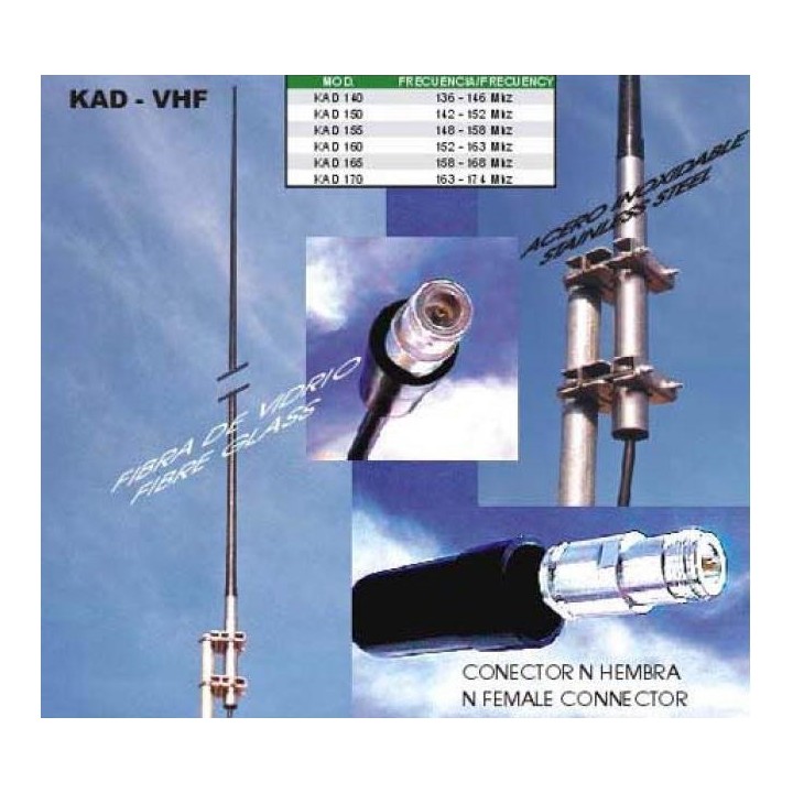 KAD-150 - ANTENA BASE VHF, VERTICAL, DE FIBRA DE VIDRIO PARA 142-152 MHZ.