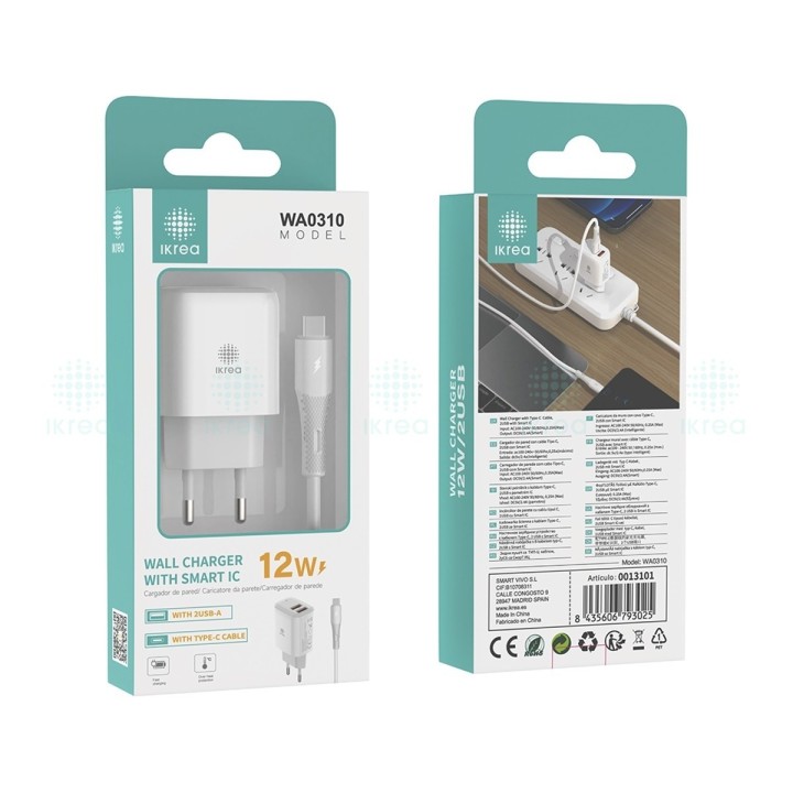 IKREA WA0310 CARGADOR RÁPIDO 2 PUERTOS USB-A CON CABLE TYPE-C 12W BLANCO