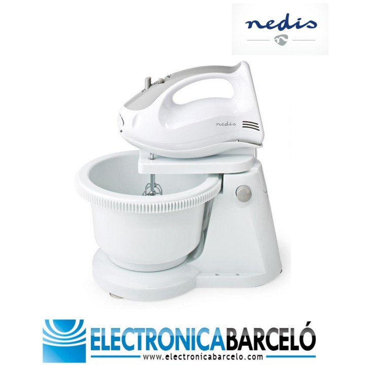 NEDIS BATIDORA MEZCLADORA BOL GIRATORIO 2LT | 200 W | 5 AJUSTES VELOCIDAD| FUNCION TURBO BLANCO/GRIS