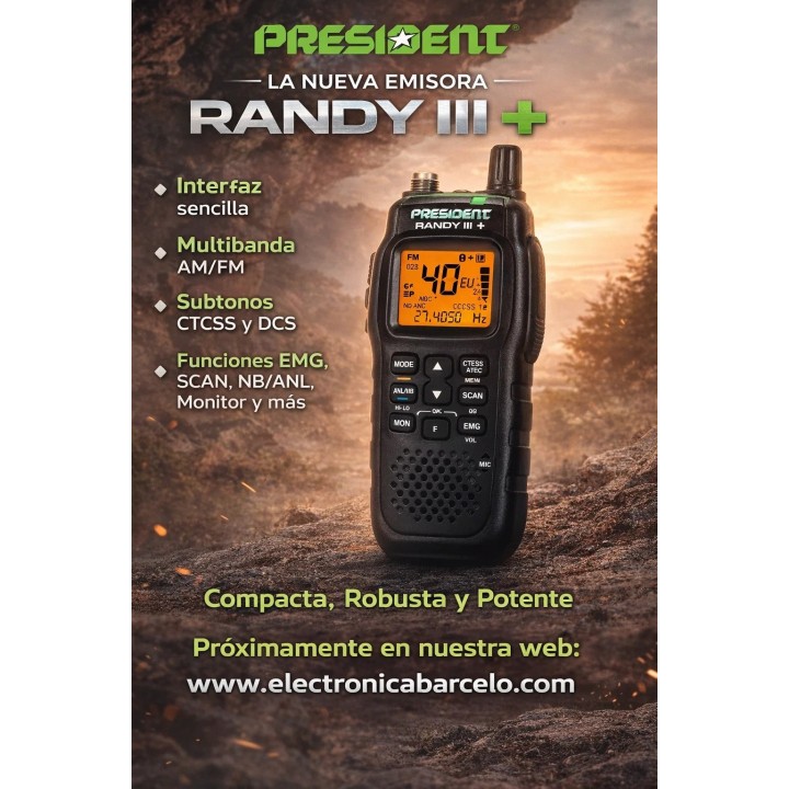 PRESIDENT RANDY III + WALKIE CB 27 MHZ AM/FM DISPLAY MULTI FUNCION + CANALES PRESIDENT + NRC 