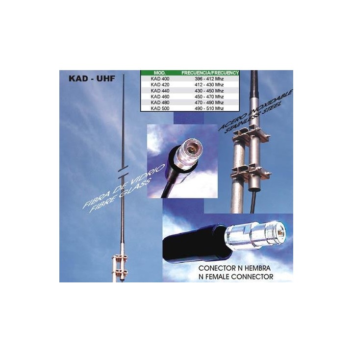 KAD-400 - Antena base UHF, vertical, de fibra de vidrio, para 396-412 MHz.