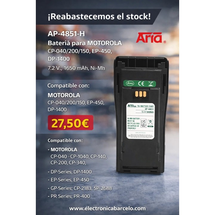 AP-4851-H - Batería para MOTOROLA CP-040/200/150, EP-450, DP-1400, 7.2 V., 1650 mAh, Ni-Mh.