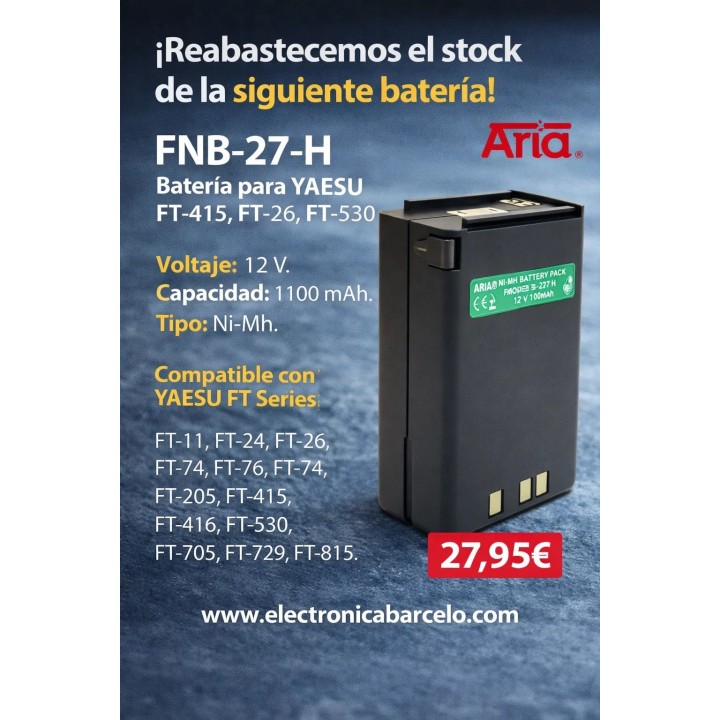 FNB-27-H - Batería para YAESU FT-415, FT-26, FT-530. 12 V., 1100 mAh Ni-Mh