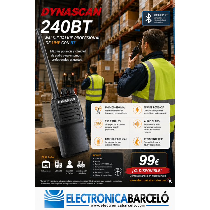 Dynascan 240BT Walkie-talkie profesional de UHF con BT