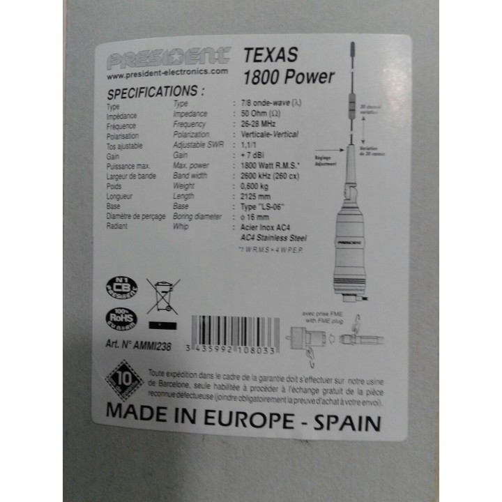 PRESIDENT TEXAS 1800 POWER ANTENA CB 27 MHZ