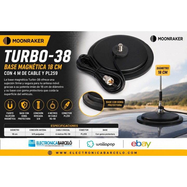 Moonraker Turbo-38 Base Magnética 18 cm con 4 m de cable y PL259