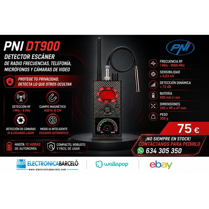 PNI DT900 Detector escáner de radio frecuencias, telefonía, micrófonos y cámaras de video