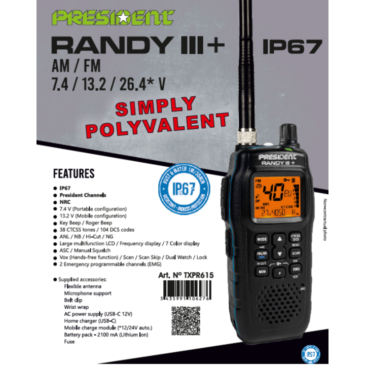 Walkie PRESIDENT RANDY III + IP67  CB 27 MHZ NEW