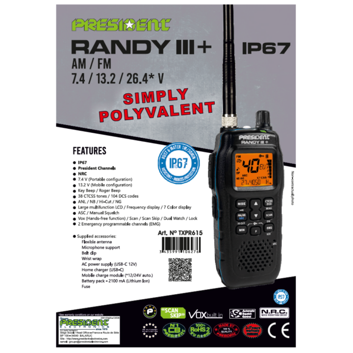 Walkie PRESIDENT RANDY III + IP67  CB 27 MHZ NEW